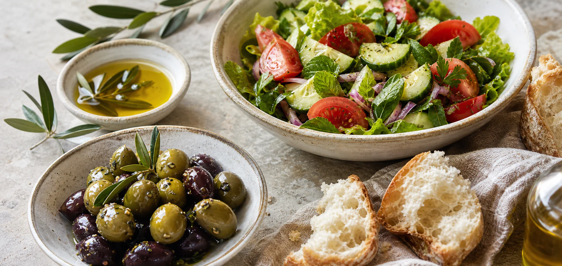 Mediterranean olives, olive oil, rustic bread and fresh salad