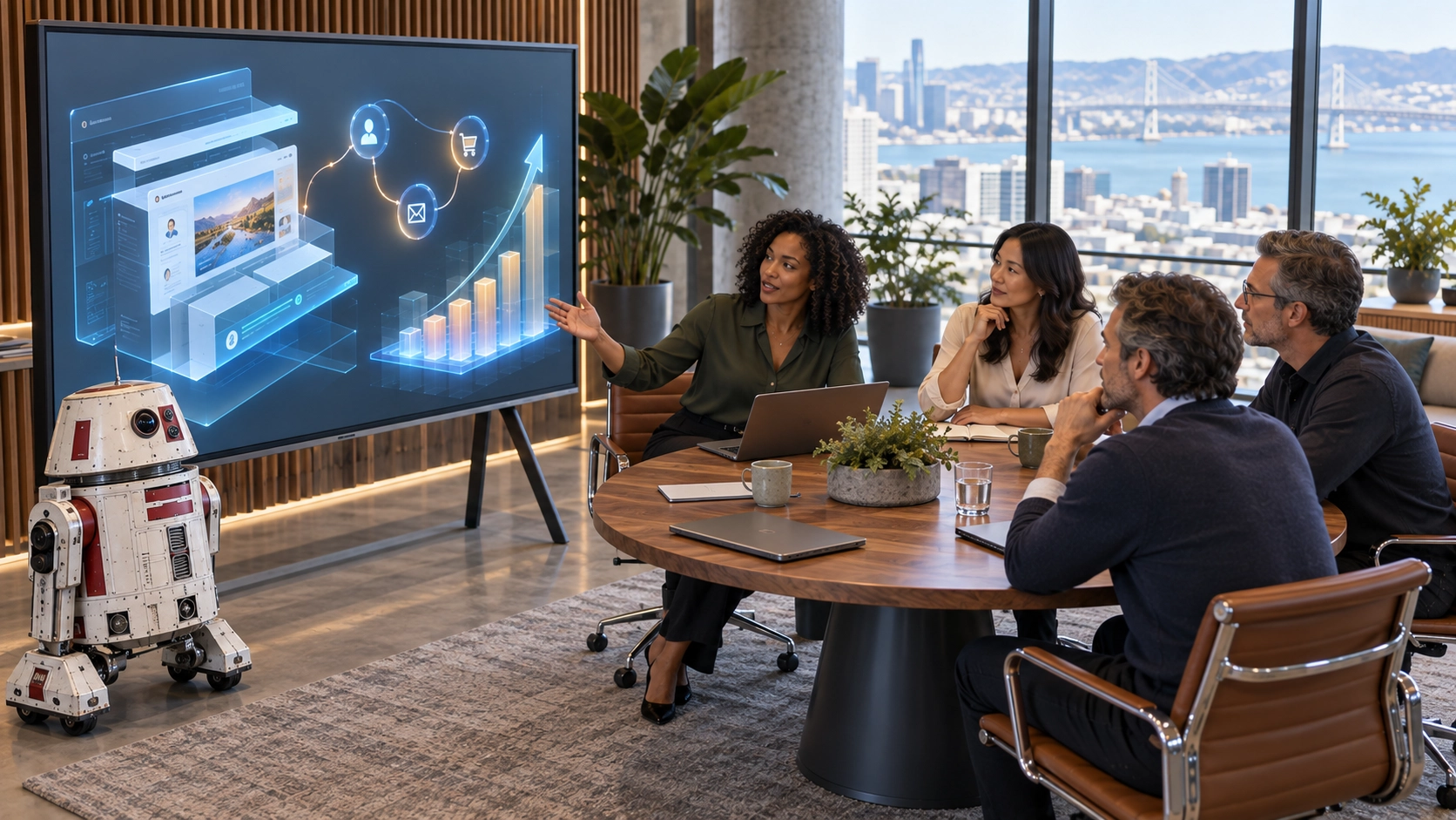 Two women and two men discuss a website around a round table, beside a compact robot and a board displaying three-dimensional diagrams