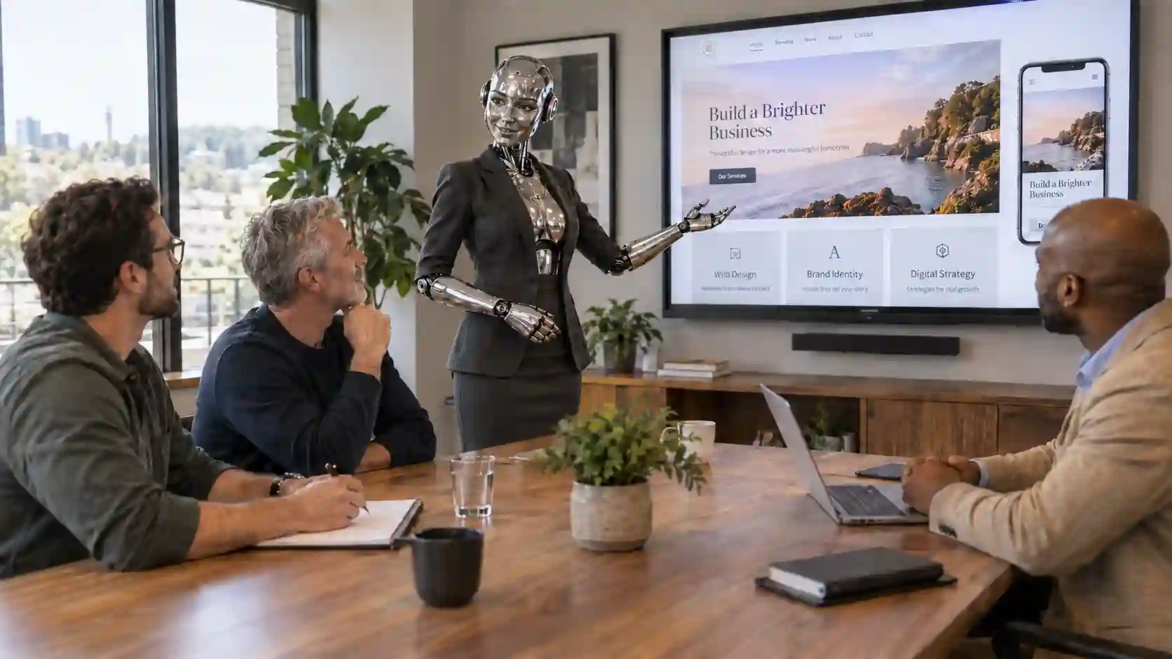 Polished metal female robot wearing a charcoal skirt suit presents a website to three male business owners